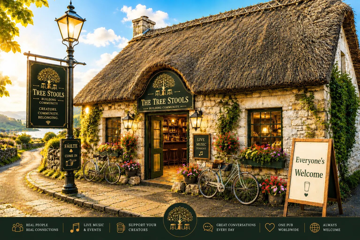 The Tree Stools — a thatched West of Ireland pub with whitewashed stone walls, wrought iron gate, flagstone walkway and a wooden half door at dusk