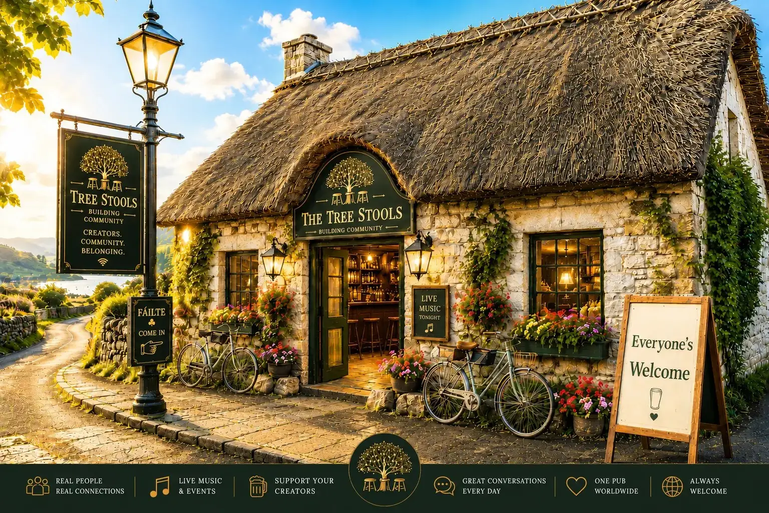 The Tree Stools — a thatched West of Ireland pub with whitewashed stone walls, wrought iron gate, flagstone walkway and a wooden half door at dusk