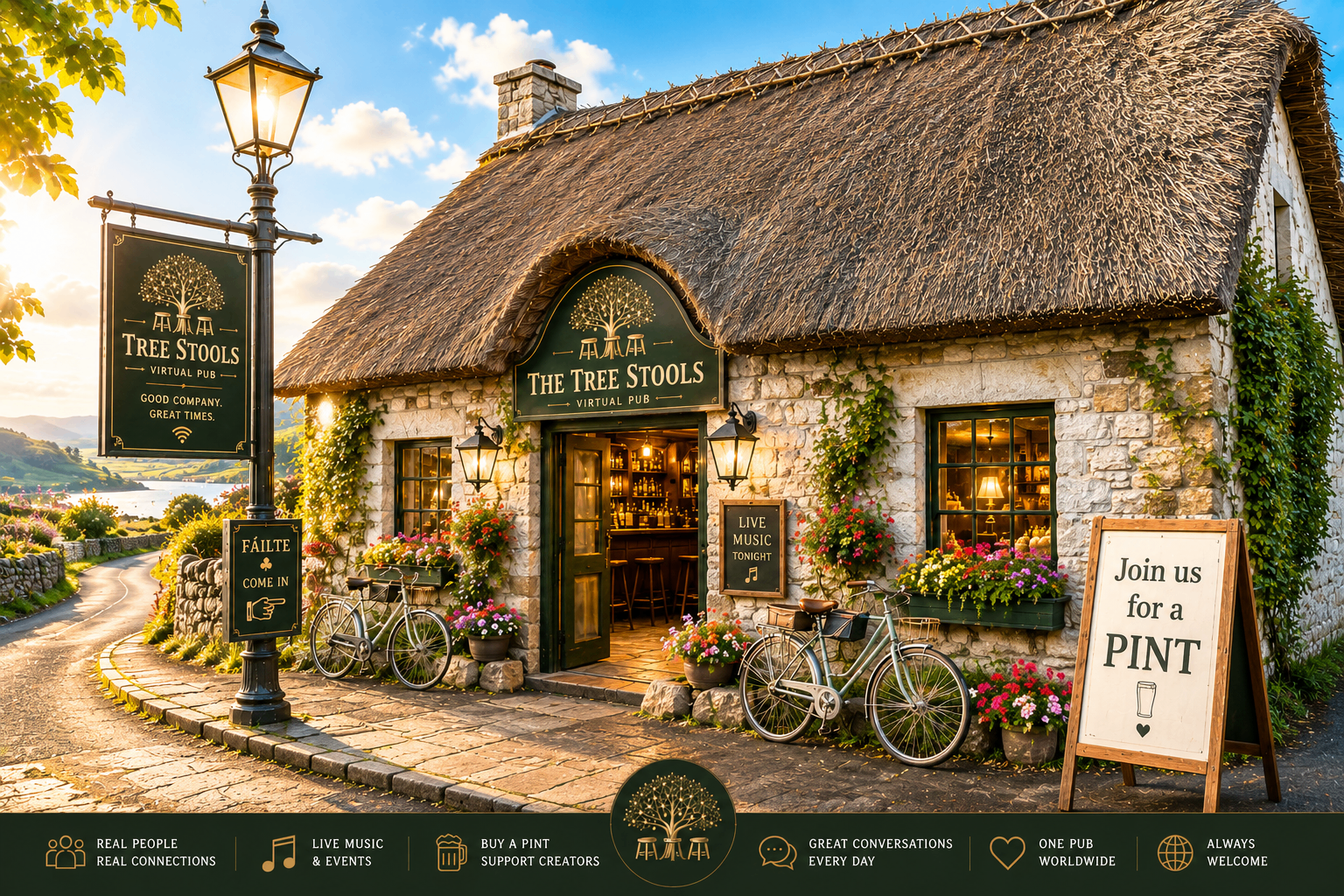 The Tree Stools — a thatched West of Ireland pub with whitewashed stone walls, wrought iron gate, flagstone walkway and a wooden half door at dusk